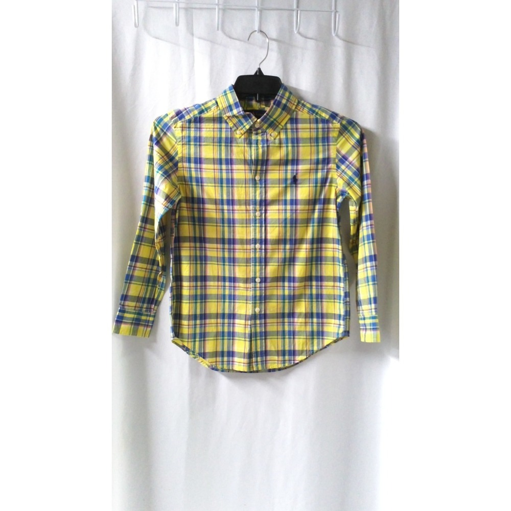 Ralph Lauren Kids Yellow Blue Plaid Button Down Shirt Long Sleeve Size M 10-12‎